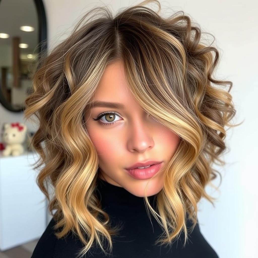 Medium curly hair with face-framing honey highlights