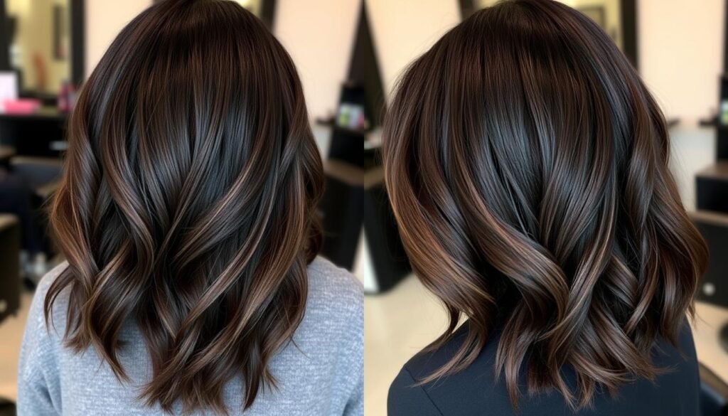 Mocha dark chocolate balayage on black layered hair