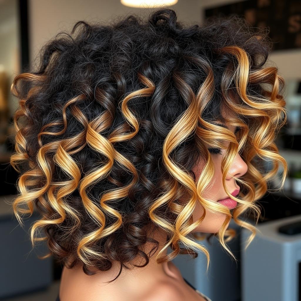 Natural black hair with golden blonde highlights enhancing curly texture