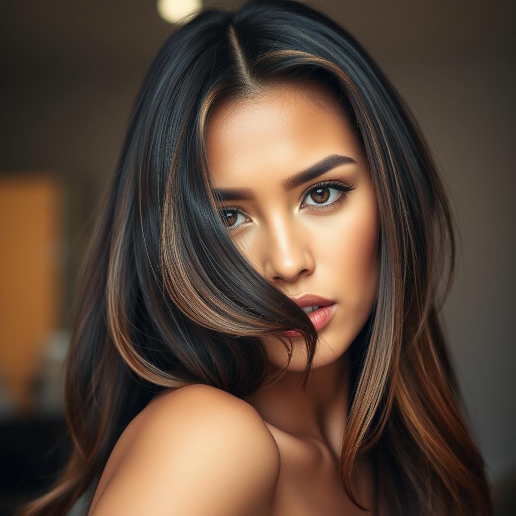 Off-black hair with honey blonde highlights complementing warm skin tones