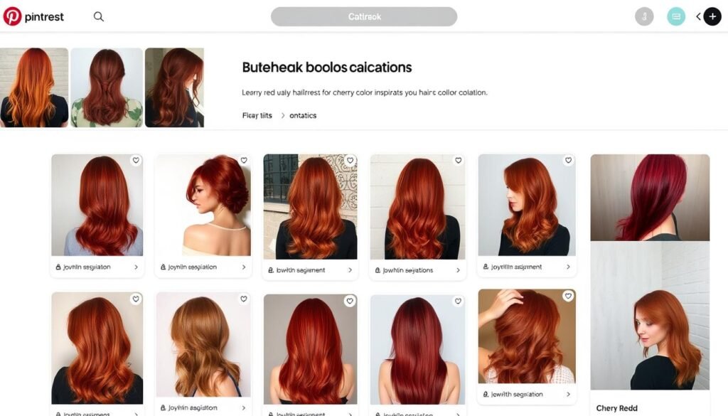 Pinterest board mockup showing cherry red hair color inspiration pins Pinterest board mockup showing cherry red hair color inspiration pins