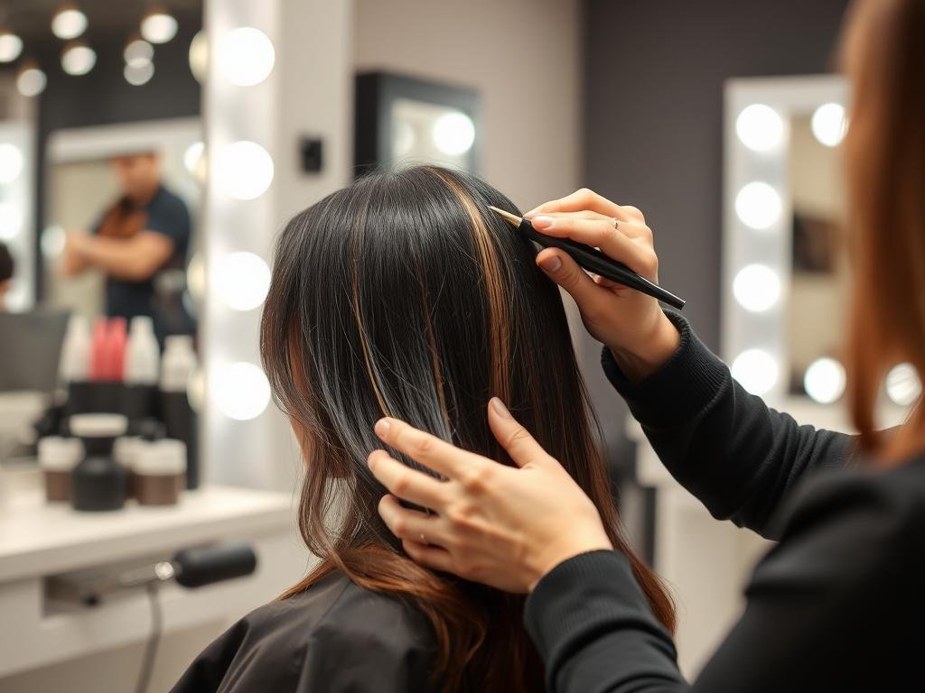 Professional stylist applying highlights to black hair in salon