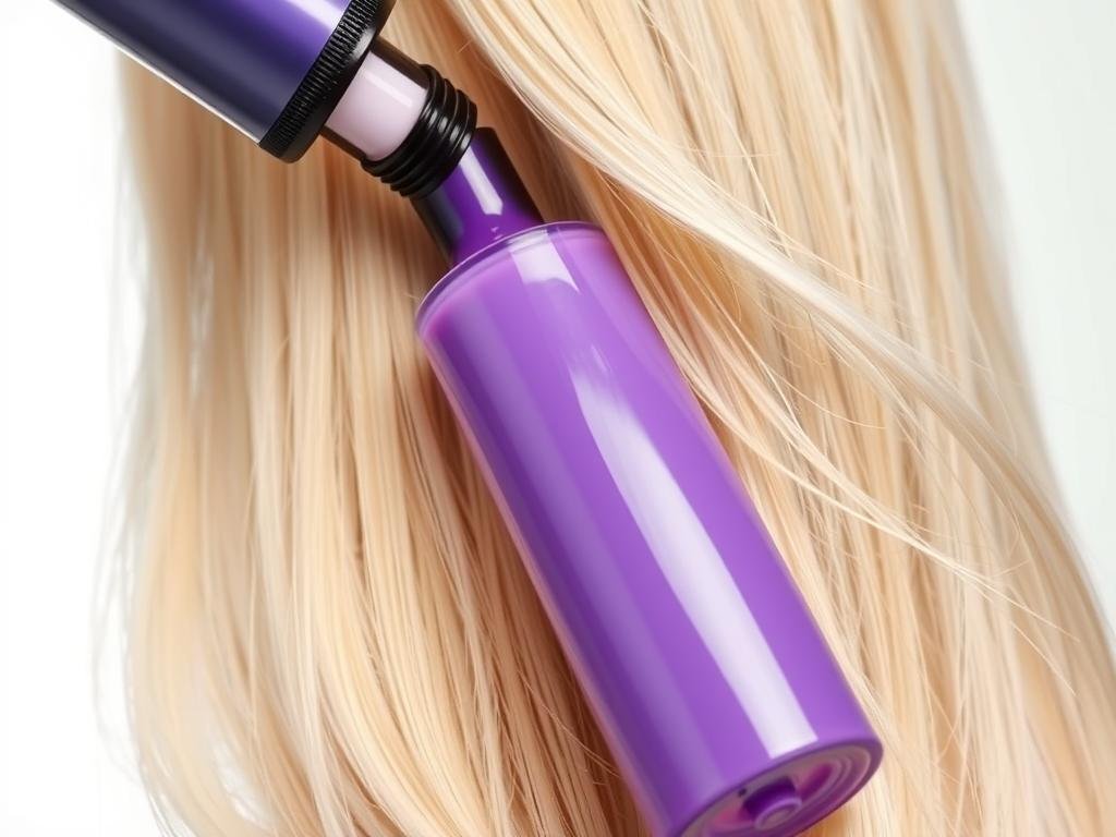 Purple shampoo being applied to blonde hair to neutralize brassiness