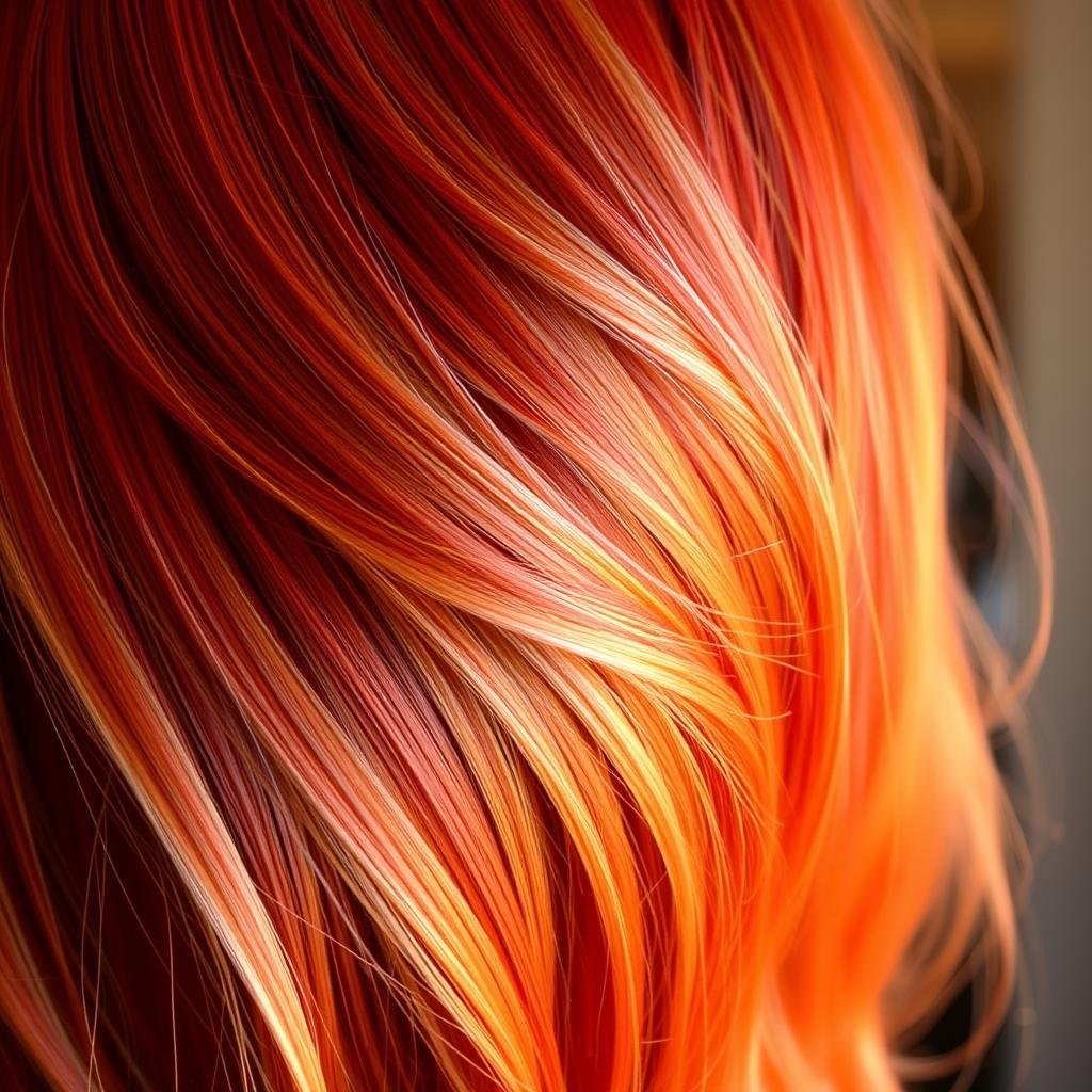 Red hair with blonde peekaboo highlights creating a fiery dimensional effect