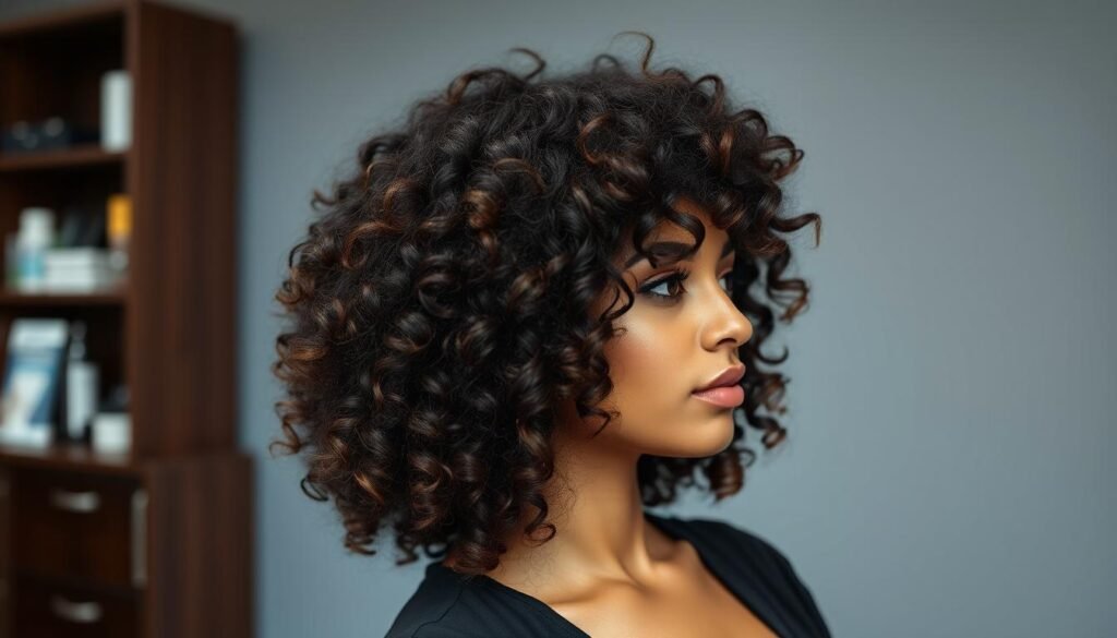 Rich dark chocolate balayage on black curly hair