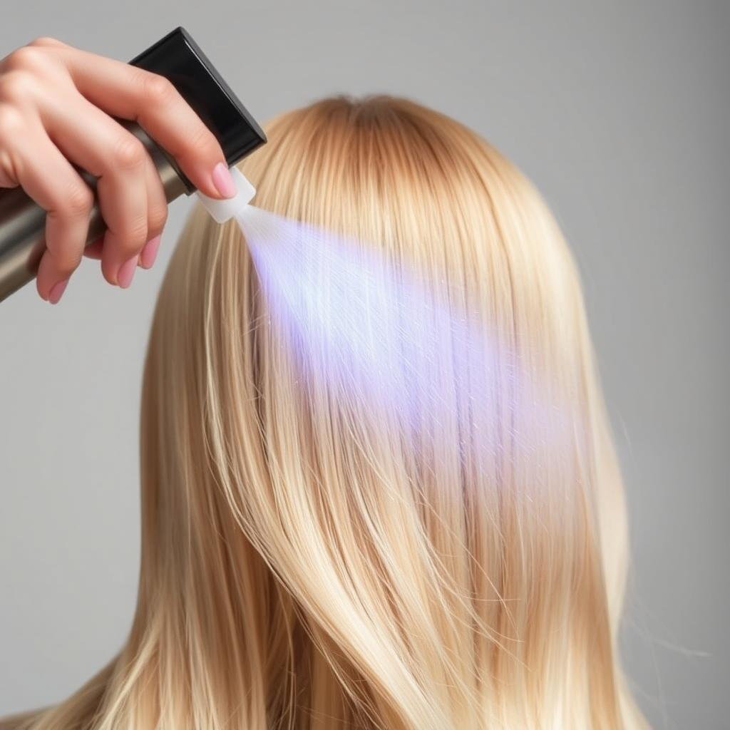 Shine spray being applied to blonde hair Shine spray being applied to blonde hair