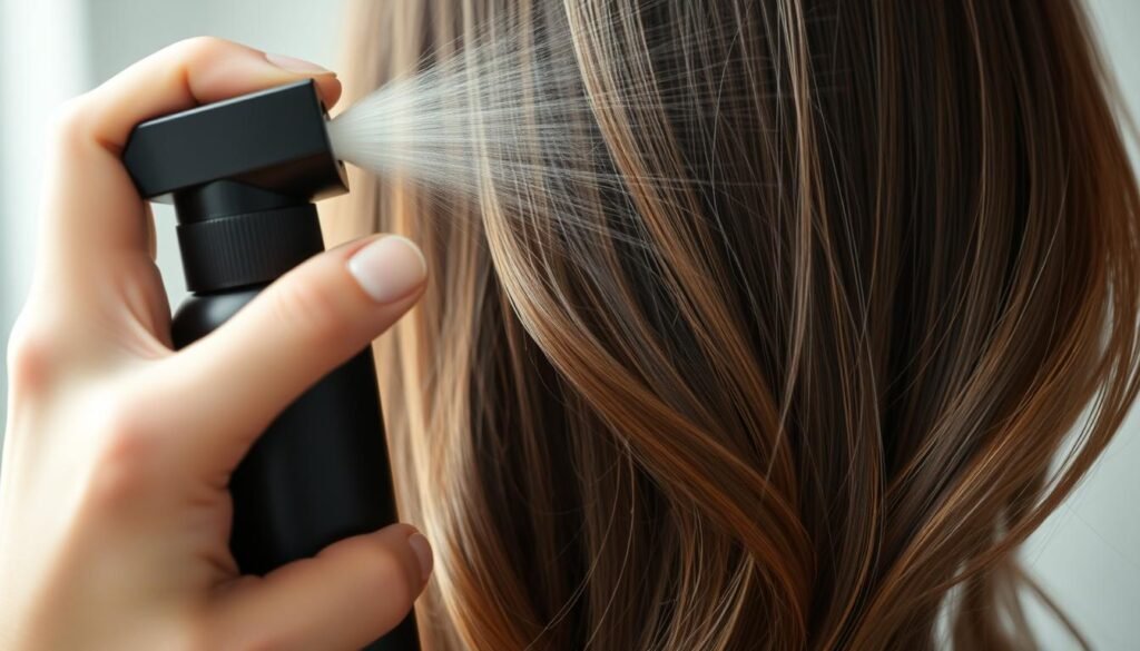 Shine spray being applied to dimensional brunette hair