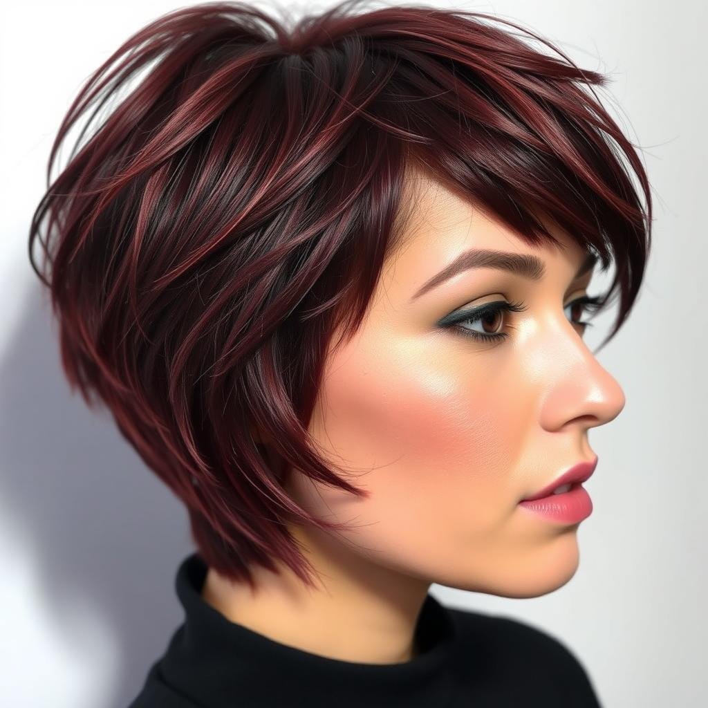 Short pixie cut in deep wine red showing modern styling