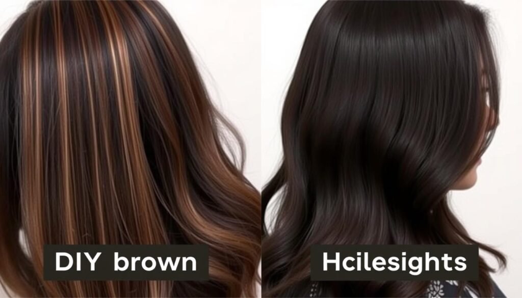 Side-by-side comparison of DIY brown highlights versus professional salon highlights on black hair