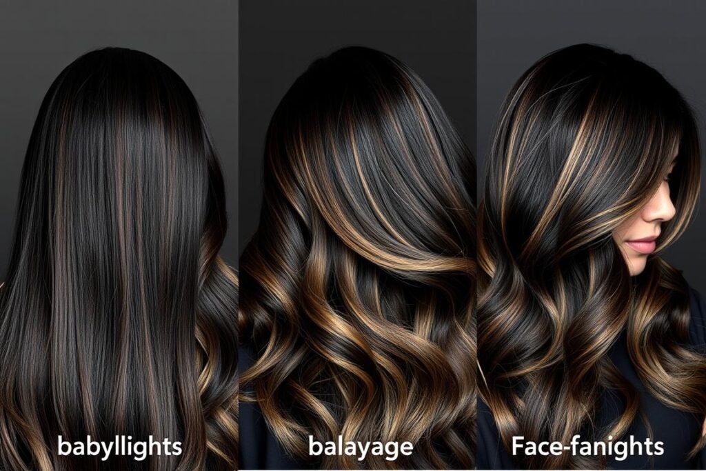 Side-by-side comparison of babylights, balayage, and face-framing highlight techniques on black hair Side-by-side comparison of babylights, balayage, and face-framing highlight techniques on black hair