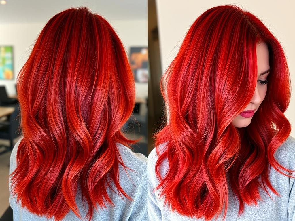 Side-by-side comparison of cherry red hair color in different lighting conditions Side-by-side comparison of cherry red hair color in different lighting conditions