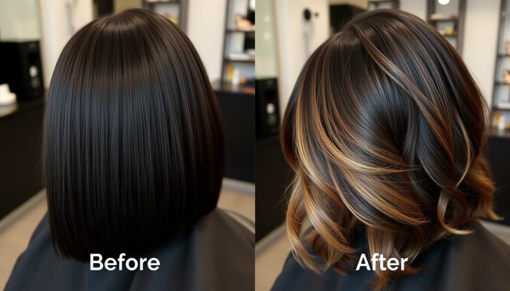 Side-by-side comparison of dark hair before and after adding espresso highlights Side-by-side comparison of dark hair before and after adding espresso highlights