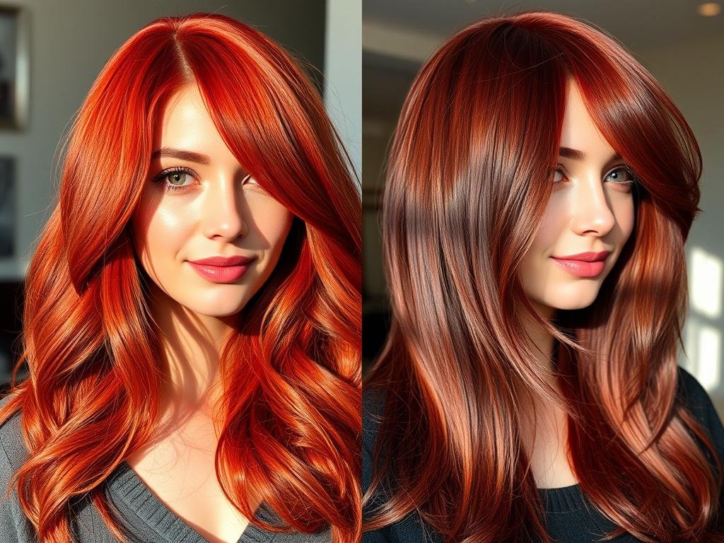 Side-by-side comparison of deep red hair color in different lighting conditions showing its versatility