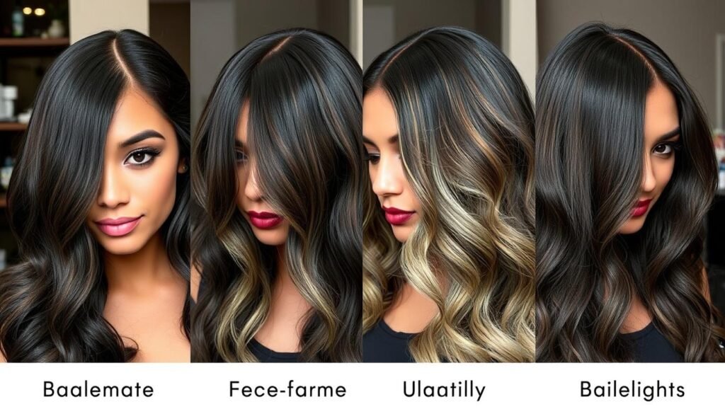 Side-by-side comparison of different brown highlight placement techniques on black hair