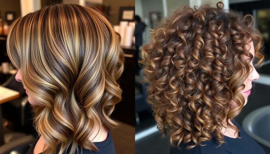 Side-by-side comparison of salon vs DIY caramel highlights on curly hair Side-by-side comparison of salon vs DIY caramel highlights on curly hair
