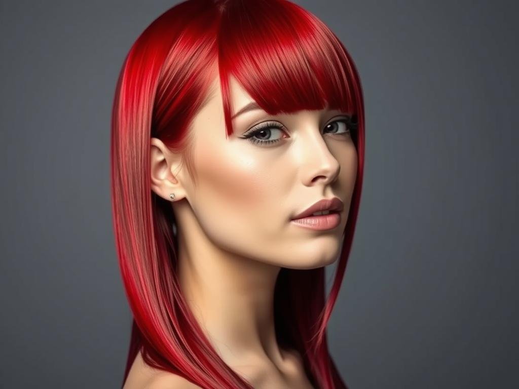 Sleek straight cherry red hair showing glass-like shine and vibrant color