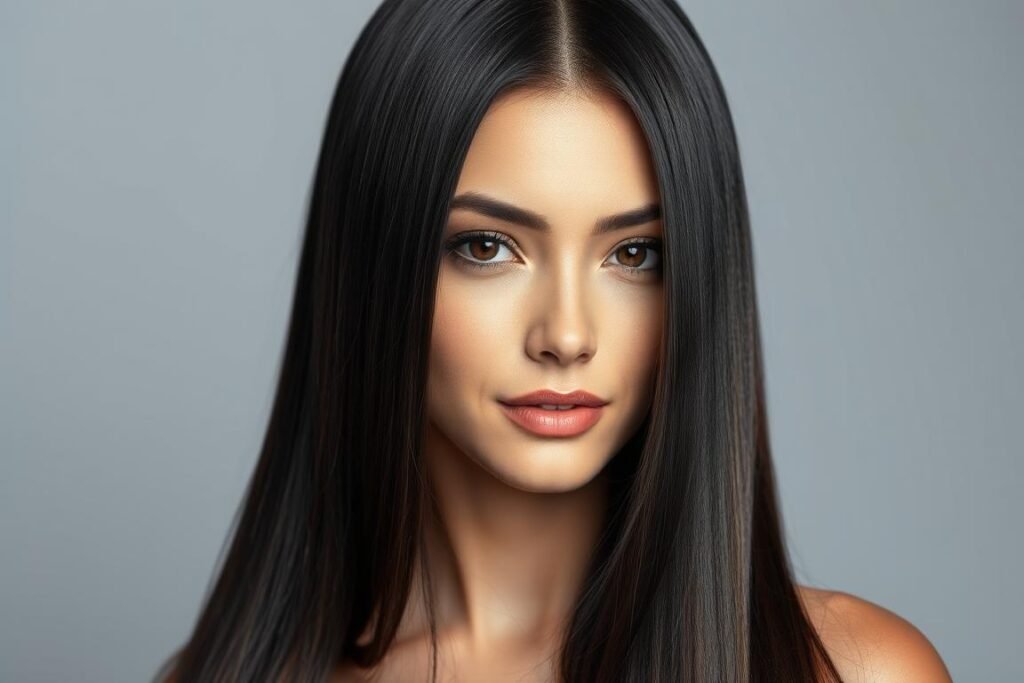 Sleek straight dimensional black hair showing color variations