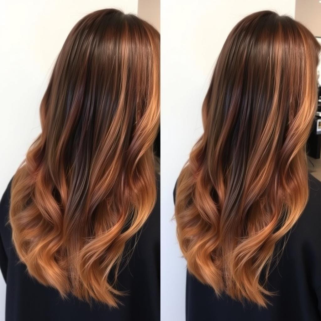 Soft black hair with caramel blonde highlights creating a rich dimensional look