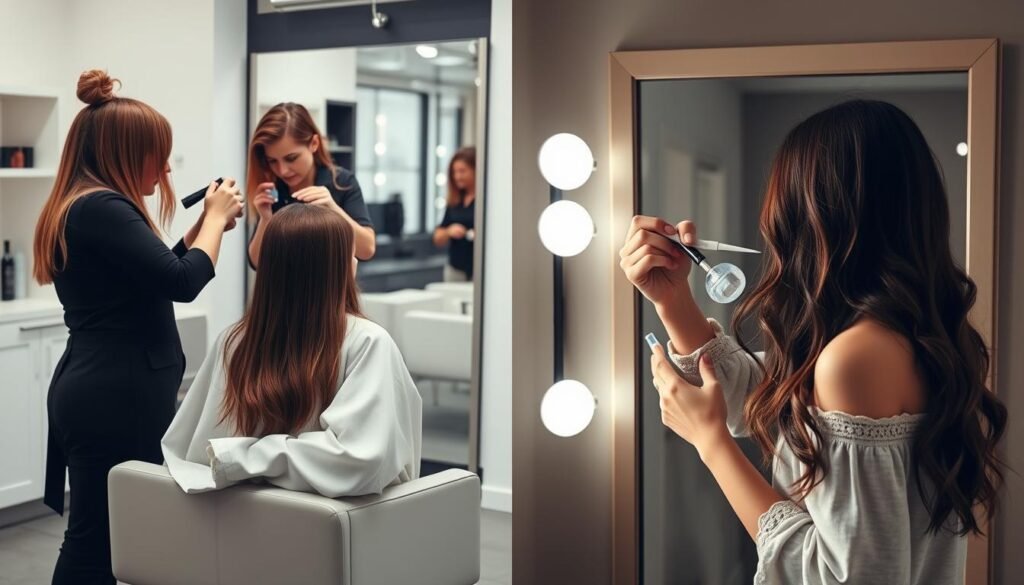 Split image comparing salon hair coloring process with at-home hair coloring