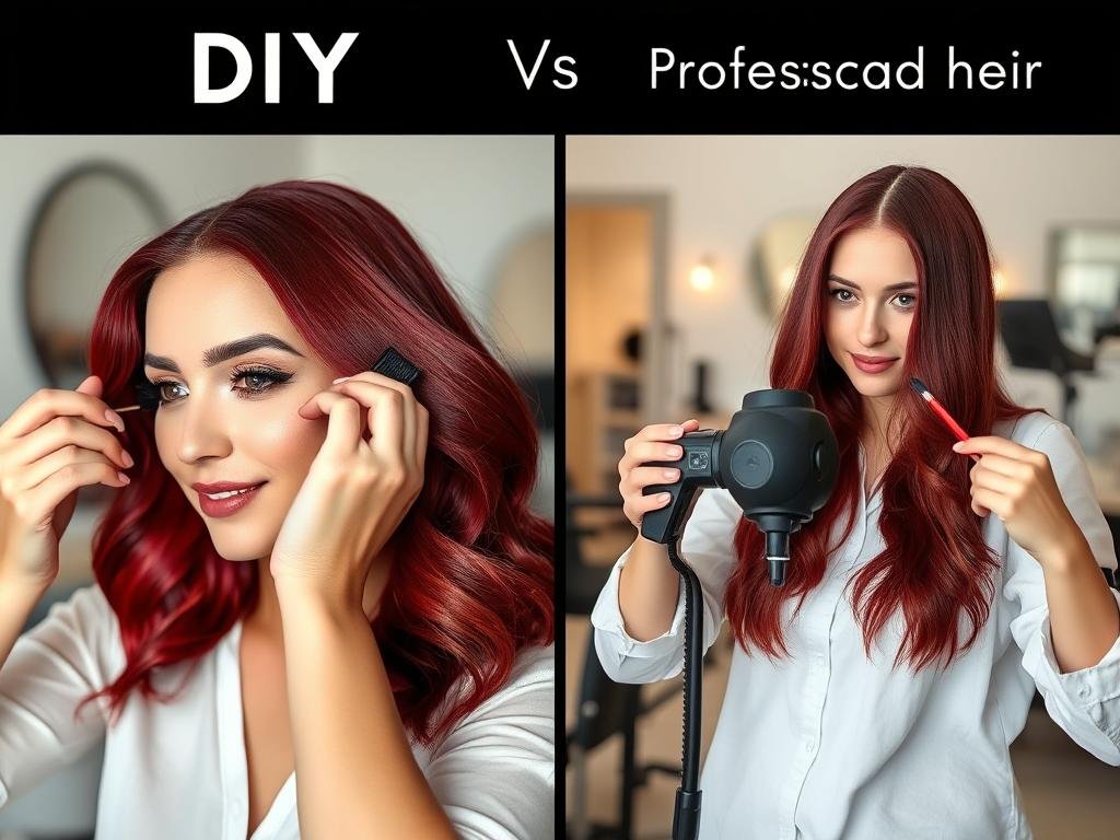 Split image showing DIY deep red hair coloring process versus professional salon application