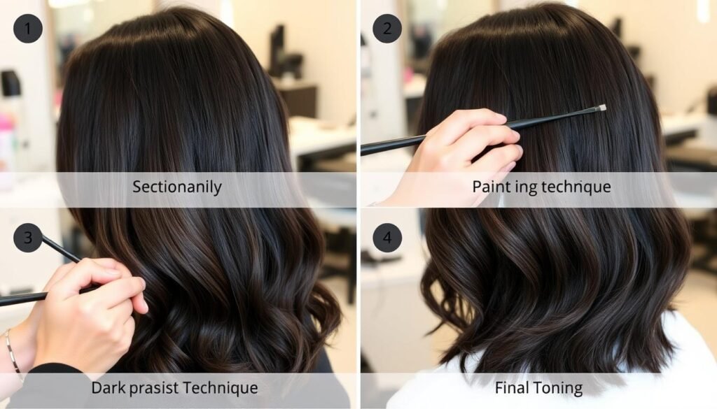 Step-by-step dark chocolate balayage application on black hair