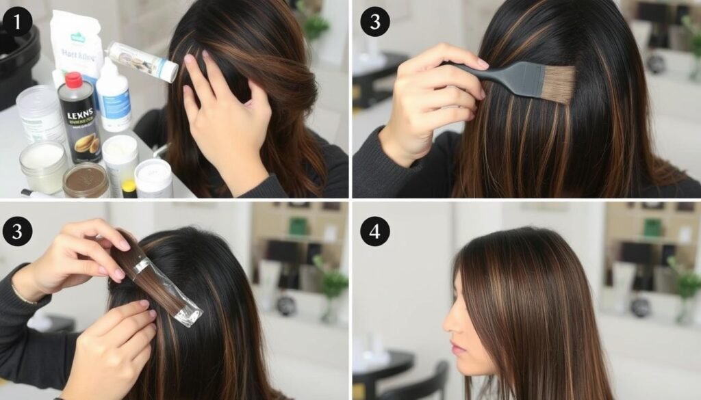 Step-by-step process of applying brown highlights to black hair at home