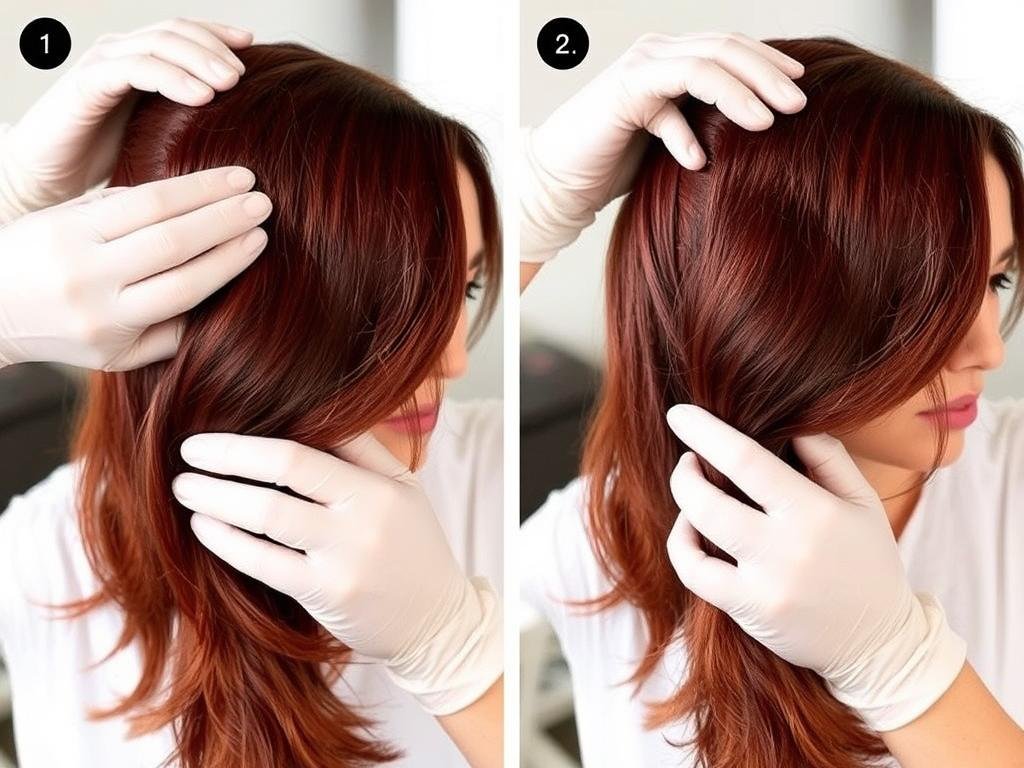 Step-by-step process of applying cherry cola hair color at home showing application technique Step-by-step process of applying cherry cola hair color at home showing application technique