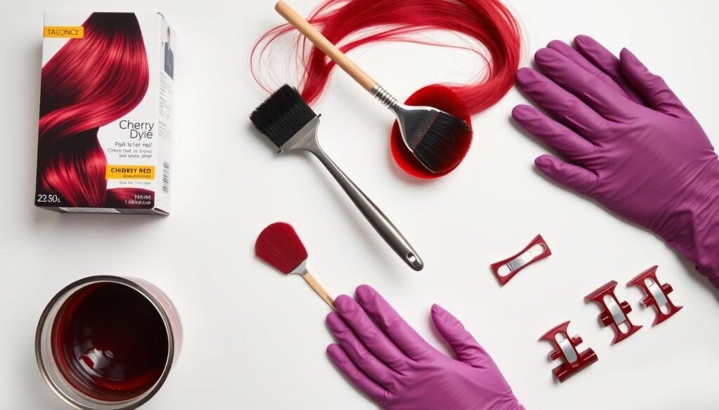 Step-by-step process of applying cherry red hair color at home showing application technique
