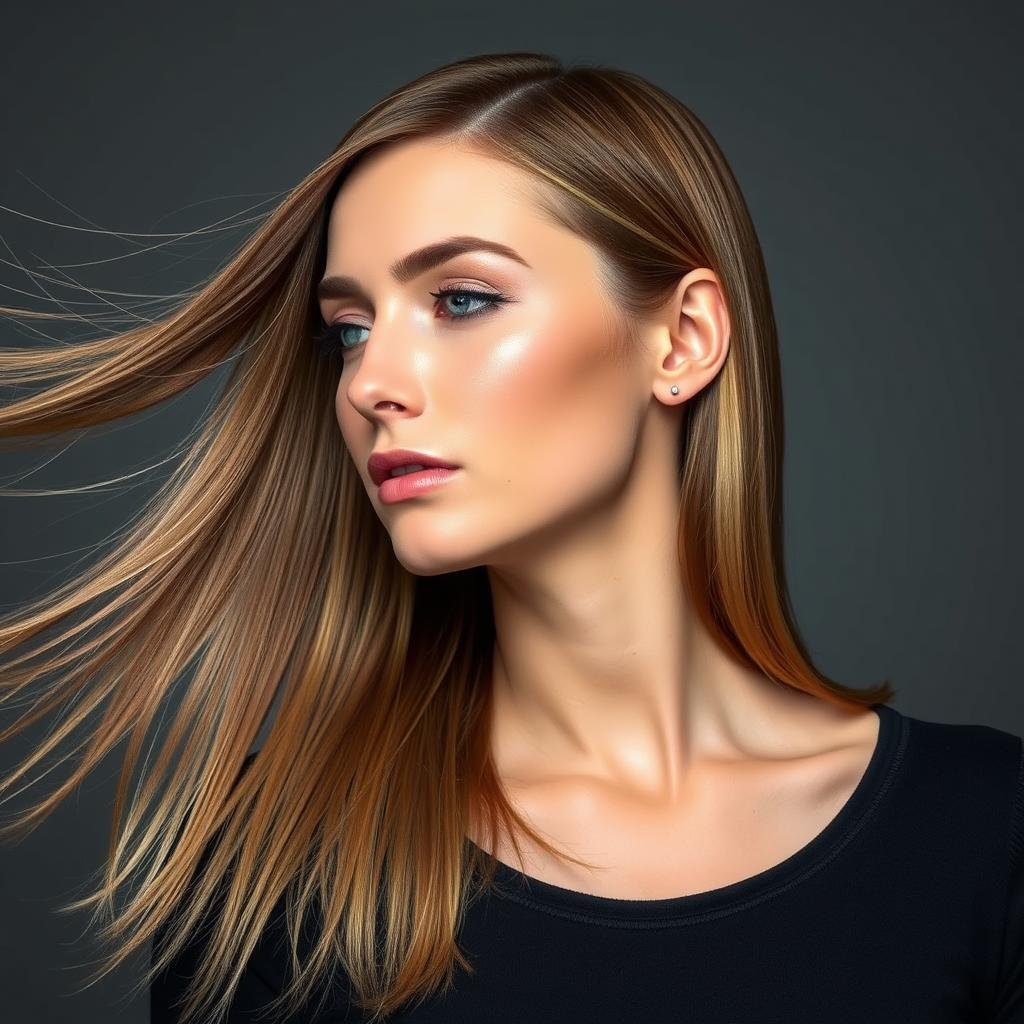 Straight sleek hairstyle with peekaboo highlights visible when hair moves
