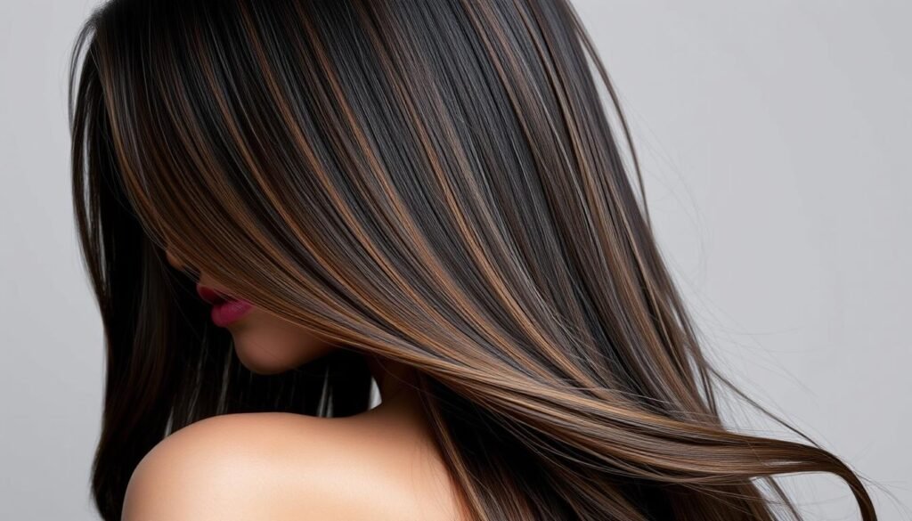 Stunning balayage on black hair with caramel highlights