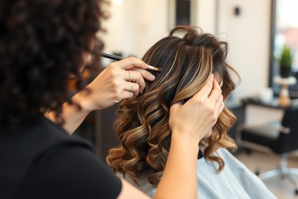 Stylist applying balayage caramel highlights to curly hair Stylist applying balayage caramel highlights to curly hair