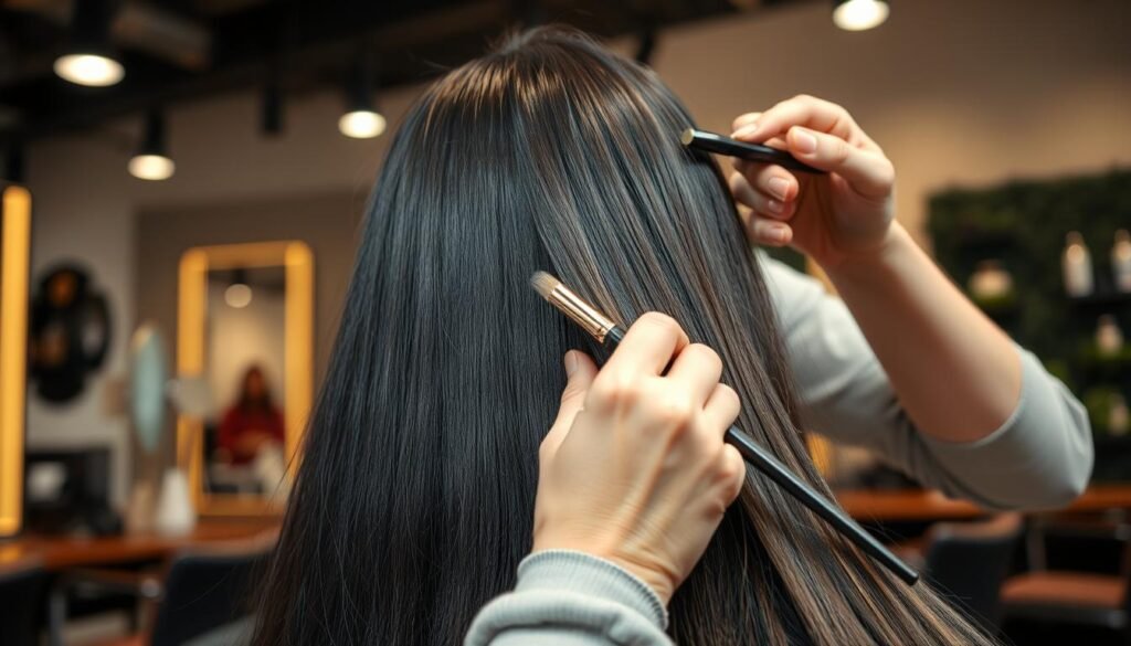 Stylist applying balayage technique to black hair