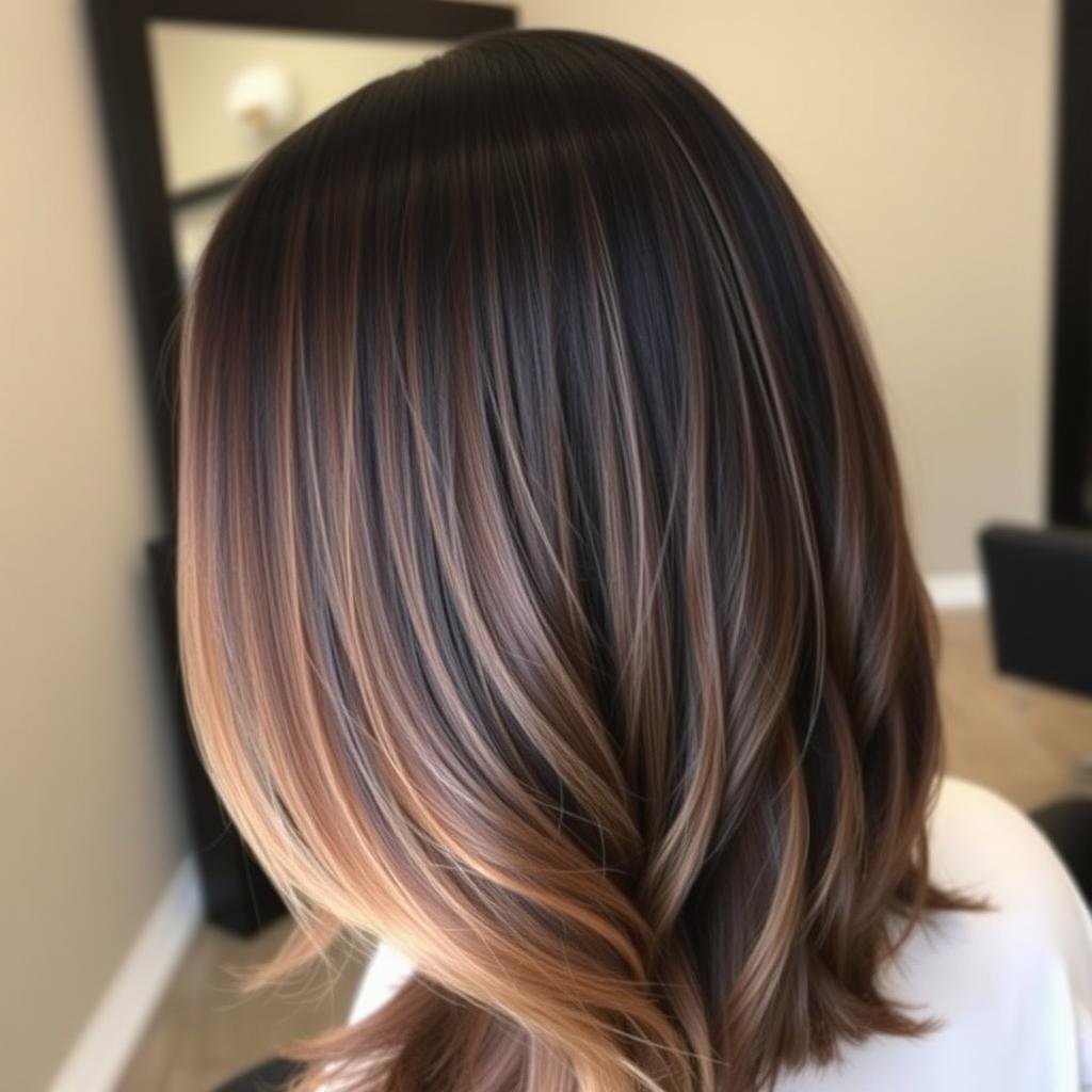 Subtle caramel balayage on long black hair