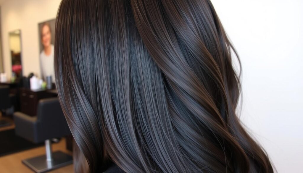 Subtle dark chocolate balayage on long black hair
