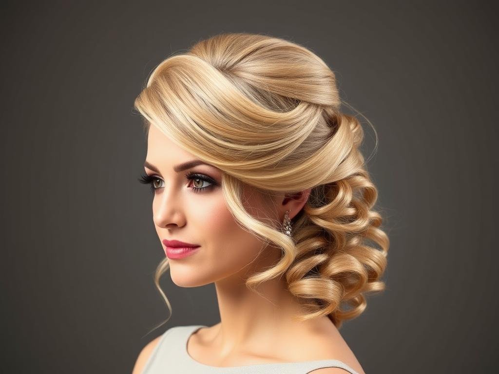 Teased crown with cascading curls formal hairstyle for thin hair
