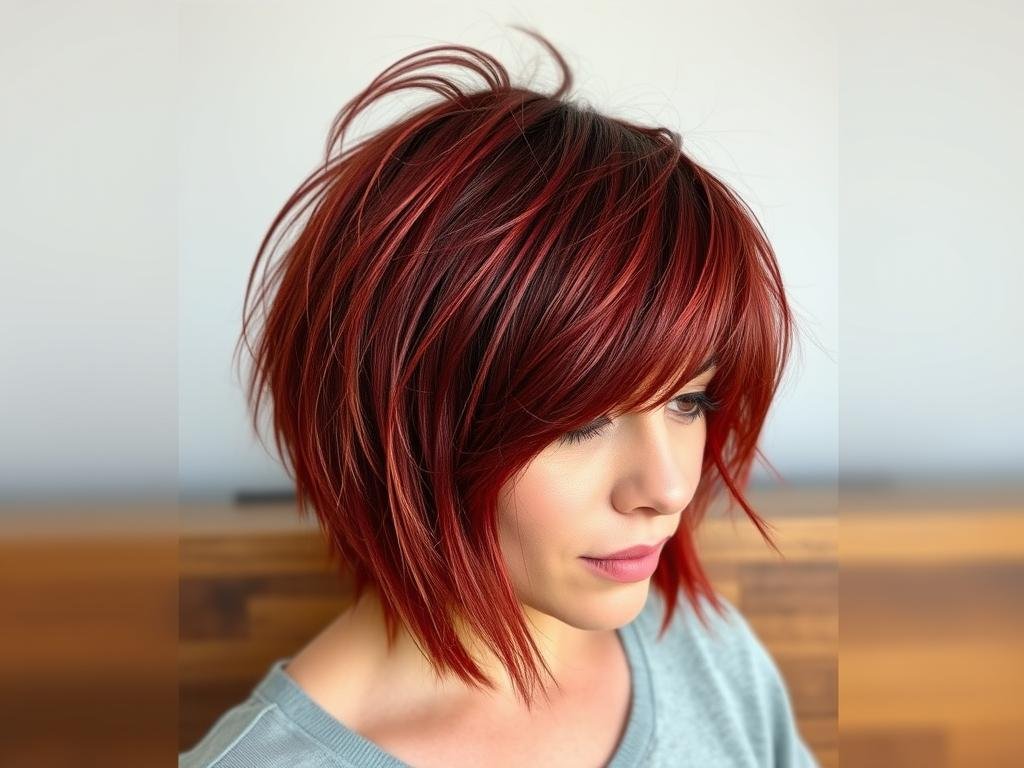 Textured bob haircut in cherry red color showing versatility and modern style