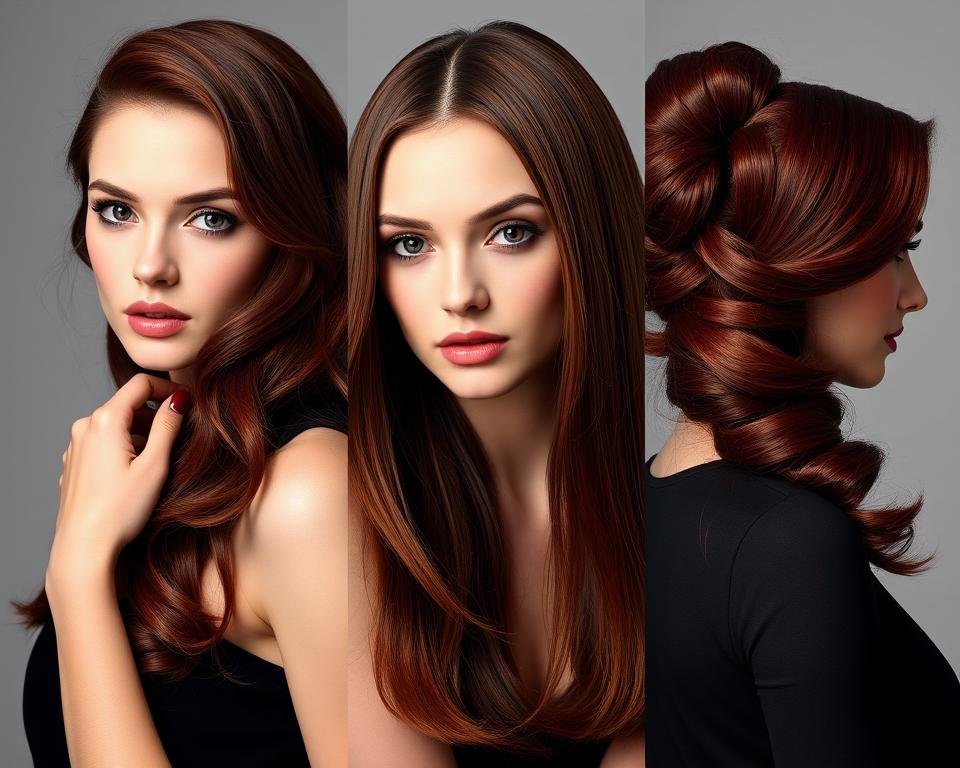 Three different hairstyles on models with dark red hair - waves, straight, and updo Three different hairstyles on models with dark red hair - waves, straight, and updo