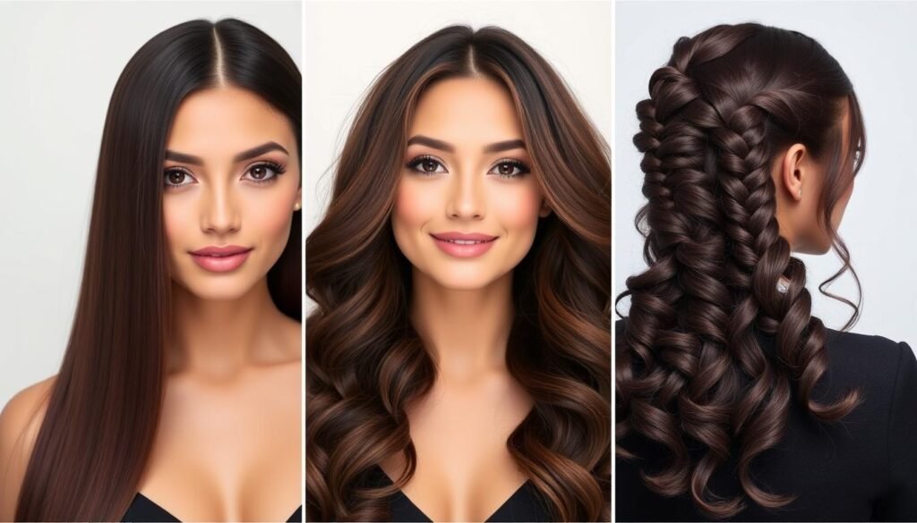 Three different hairstyles showcasing chocolate cherry hair color