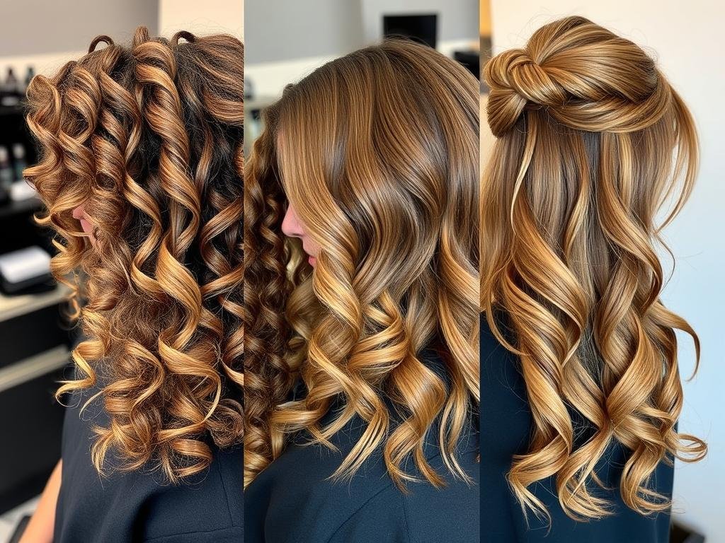 Three different styling options for caramel highlighted curly hair Three different styling options for caramel highlighted curly hair
