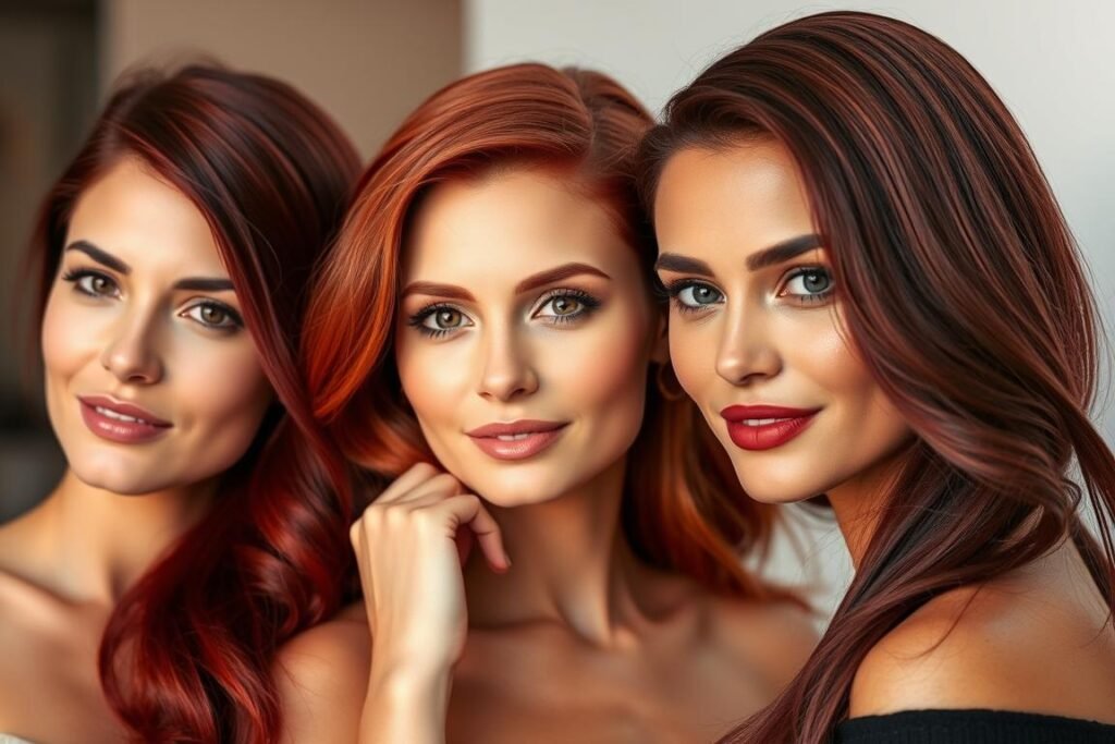 Three women with different skin tones all wearing variations of deep red hair color