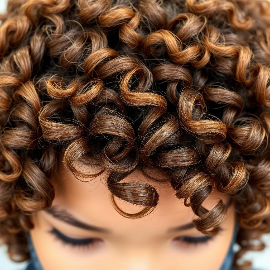 Tight curly hair with caramel highlights showing natural curl pattern