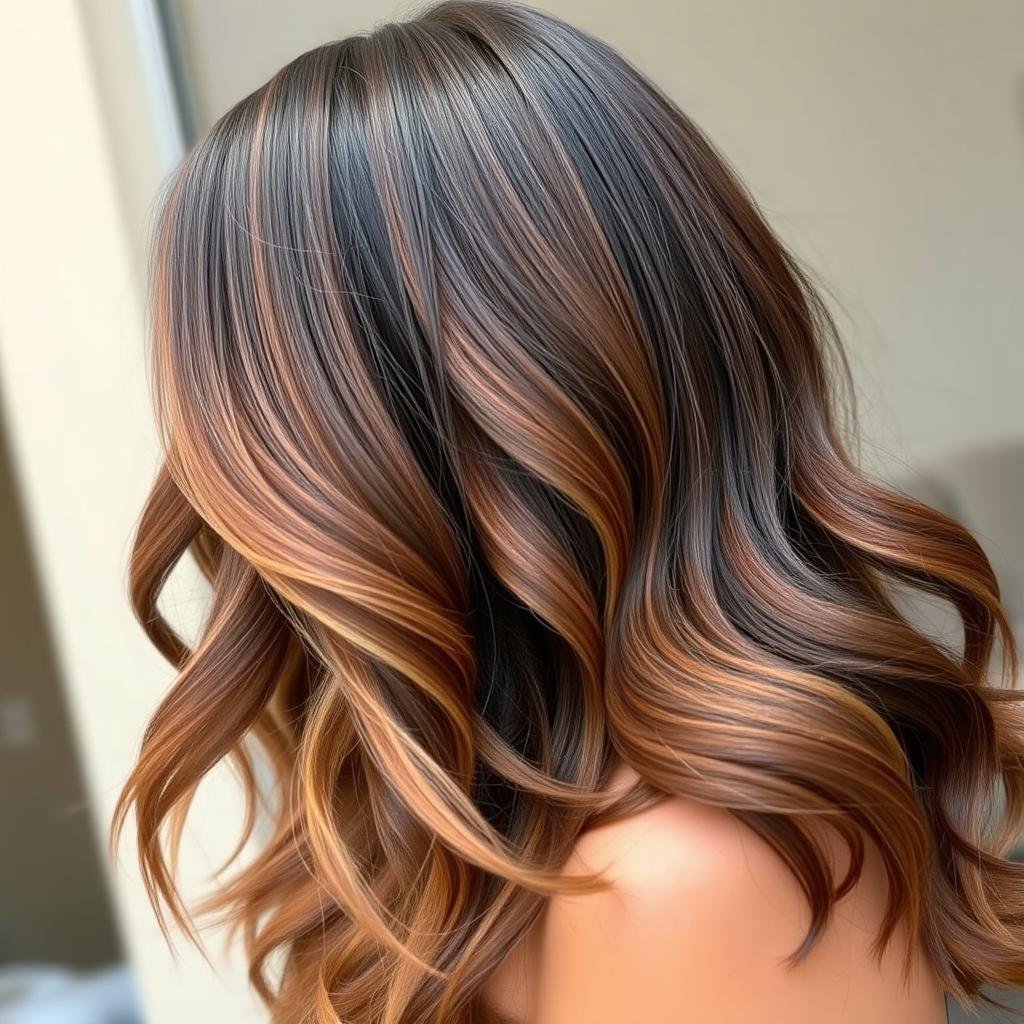 Toffee highlights on dark brunette long layers