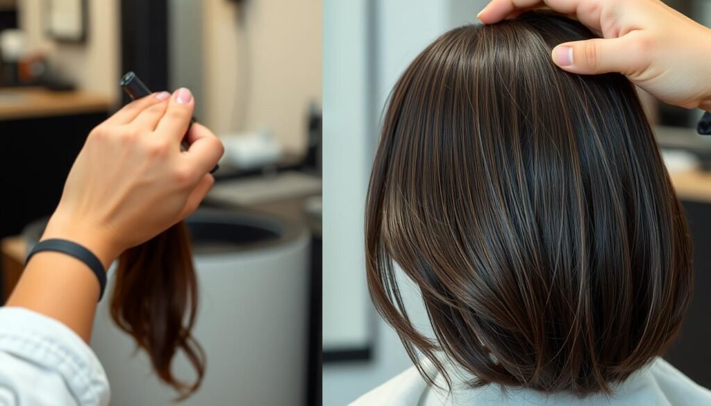 Traditional foil highlights being applied to dark brunette hair