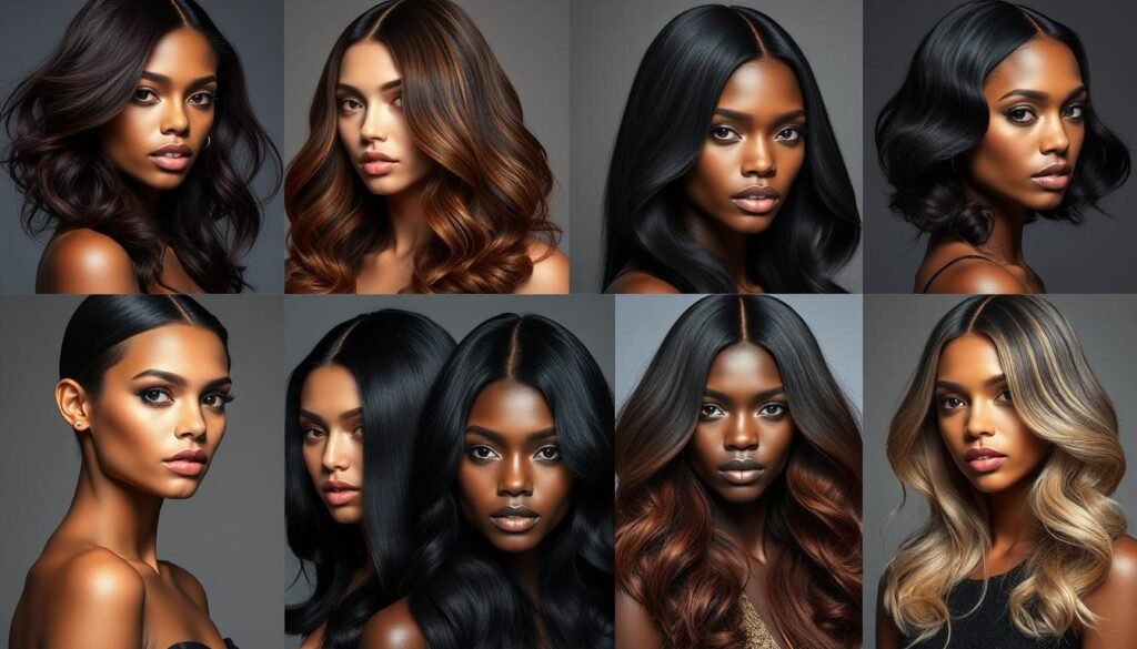 Various hair color ideas for black hair showing different highlight techniques and color options