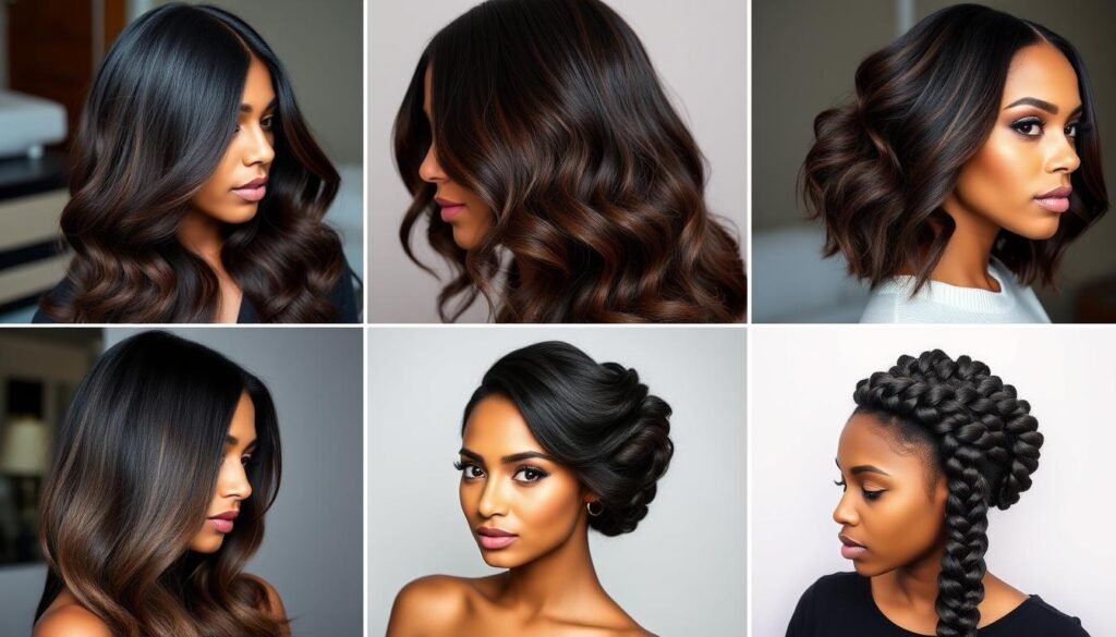 Various hairstyles showcasing dark chocolate balayage on black hair