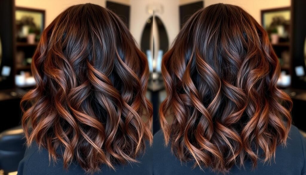 Warm dark chocolate balayage on black wavy hair