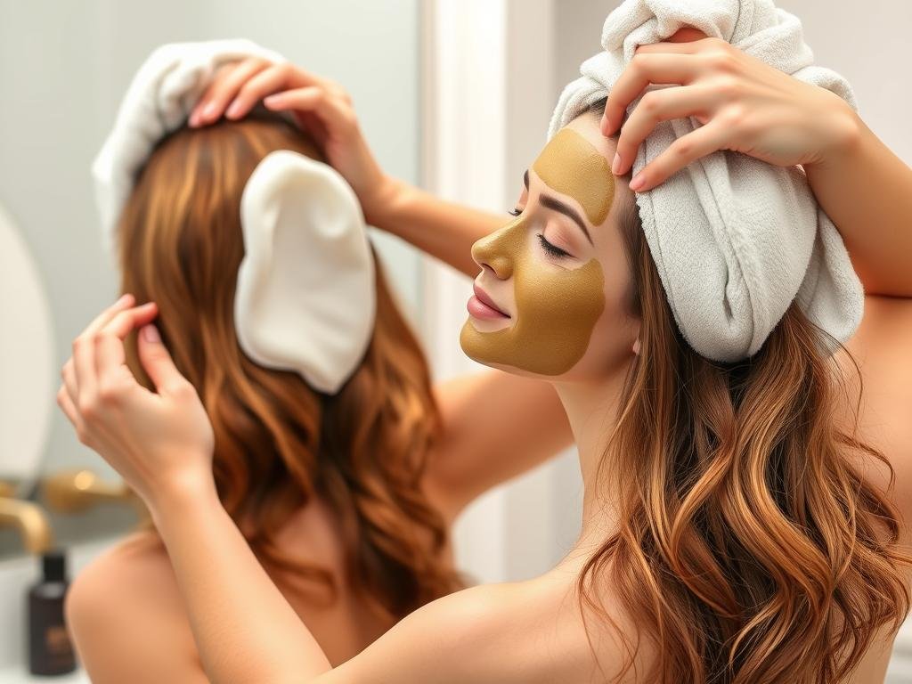 Woman applying hair mask to color-treated hair