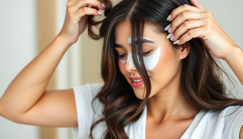 Woman applying hair mask to maintain healthy highlighted black hair