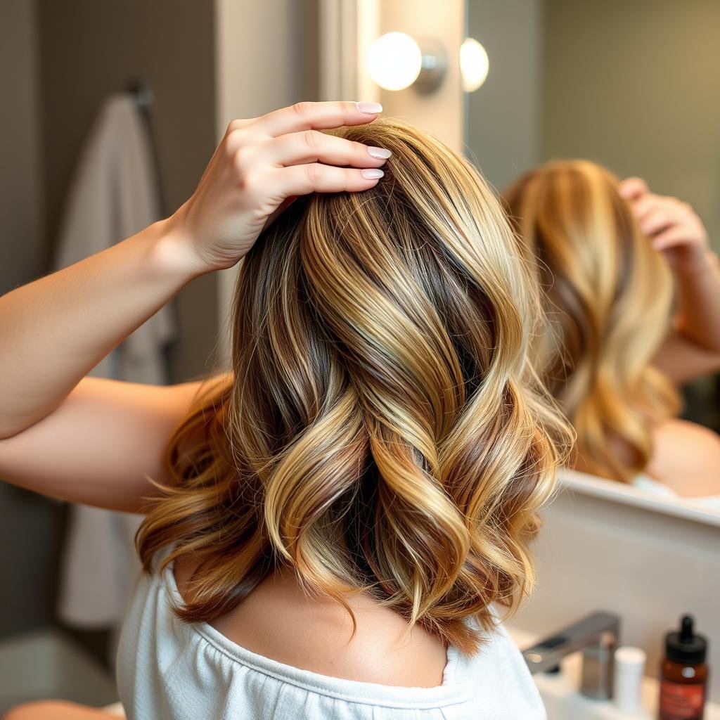 Woman applying hair mask to maintain vibrant peekaboo highlights