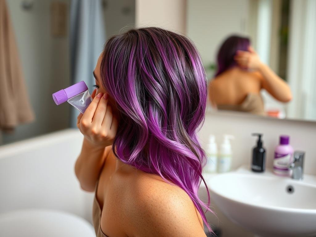 Woman applying toning treatment to maintain peekaboo highlights